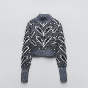 ZARA NWT Pom Pom Jacquard Knit Crop Women's Blue Patterned Sweater